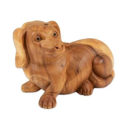 Relaxing Pup,'Suar Wood Sculpture of a Relaxing Dog from Bali'