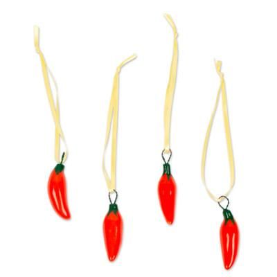 Serrano Peppers in Orange,'Orange Ceramic Serrano Pepper Ornaments (Set of 4)'