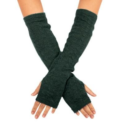 Luscious Twist in Green,'100% Baby Alpaca Loden Green Knit Fingerless Mitts From Peru'