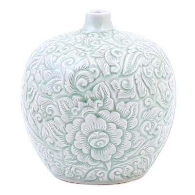 Favorite Flower,'Hand Made Celadon Ceramic Floral-Themed Vase'