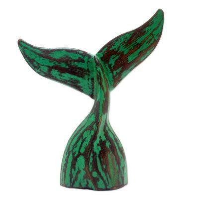 Whale Tale in Green,'Green Albesia Wood Whale Tale Statuette'