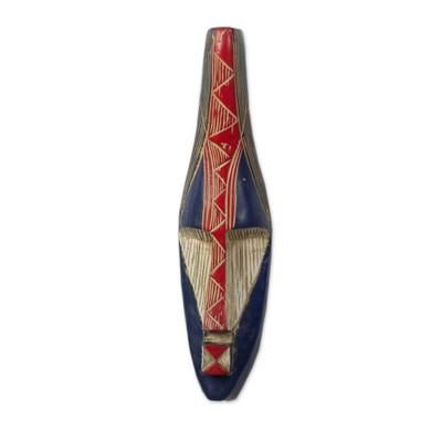 Amewuga,'Handcrafted African Sese Wood Mask in Blue and Red'