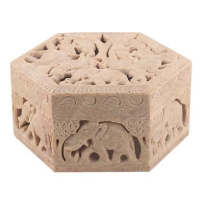 Jungle Unity,'Handcrafted Animal Motif Soapstone Jewelry Box from India'