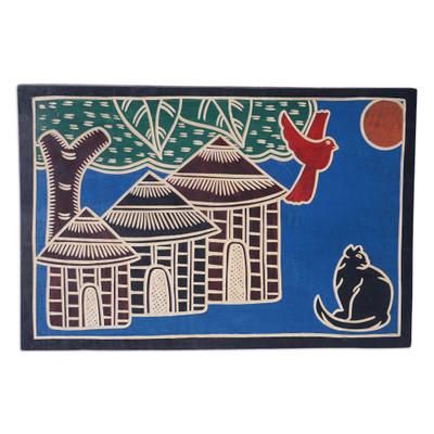 Blue Cottage,'Painted Hand-Carved Sese Wood Wall Art in Blue Base Hue'