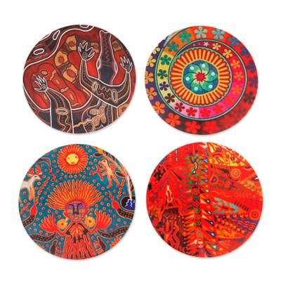 Huichol Inspiration,'4 Decoupage Pinewood Coasters with Mexican Huichol Motifs'