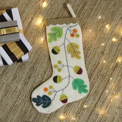 Leaves of the Season,'Handmade Applique Wool Felt Leaf & Acorn Christmas Stocking'