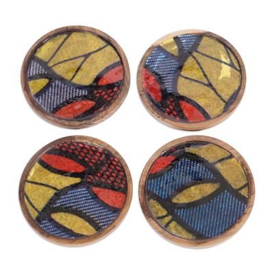 'Leafy-Themed Wood and Cotton Coasters from Ghana (Set of 4)'