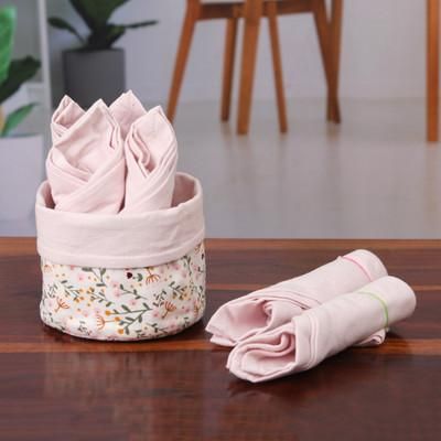 Gentle Pink,'Set of 6 Pink Cotton Napkins with Floral White Basket'