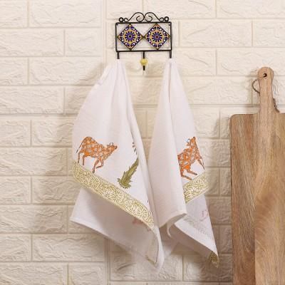 '2 Hand-Block Printed Cow and Banana Tree Cotton Dish Towels'