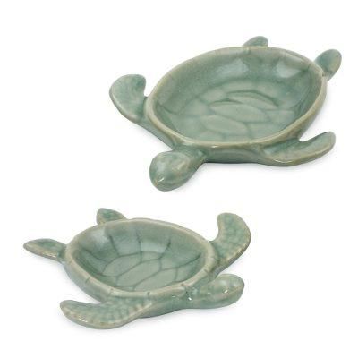 Celadon ceramic bowls, 'Aqua Thai Turtles' (pair)