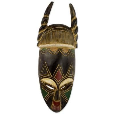 Twisted Horn,'Ghanaian Hand Carved Horned Mask in Black and Gold'