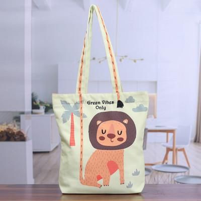 'Printed Inspirational Lion-Themed Green Cotton Tote Bag'