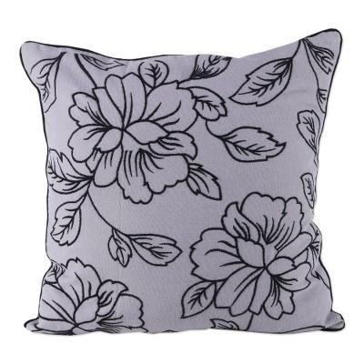 Primaveral Evening,'Floral Grey and Black Cotton Cushion Covers (Pair)'