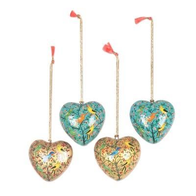 Birds of Kashmir,'Handmade Bird Motif Papier Mache Ornaments (Set of 4)'