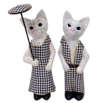 Bali Cat Couple,'Hand Made Wood Cat Sculptures (Pair) from Indonesia'