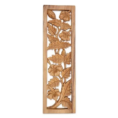 Shoe Flower Garden,'Hand Carved Balinese Hibiscus Floral Relief Panel'