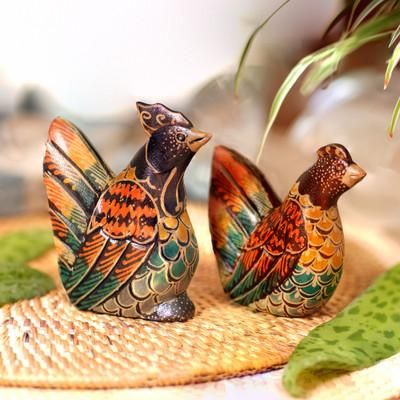 Couple Chicken,'Set of 2 Batik Chicken-Shaped Pule Wood Figurines'
