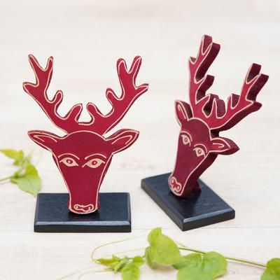 Deer Red,'Painted Reindeer-Themed Red Pule Wood Home Accents (Pair)'