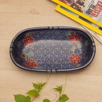 'Handmade Batik Oblong-Shaped Blue Pule Wood Decorative Bowl'