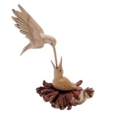 Mother Bird,'Carved Jempinis Wood Bird Sculpture with Natural Base'