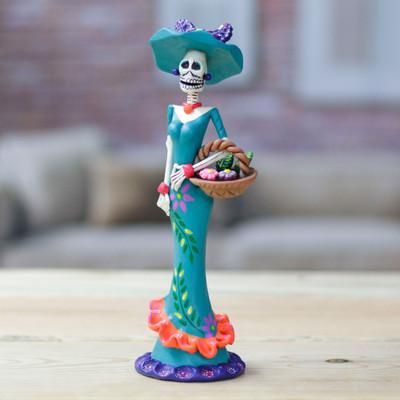 Lady Catrina in Spring,'Painted Spring Lady Catrina Ceramic Sculpture in Teal'