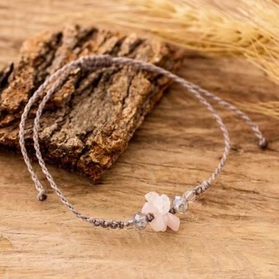 Healing Flower,'Adjustable Macrame Rose Quartz and Crystal Pendant Bracelet'