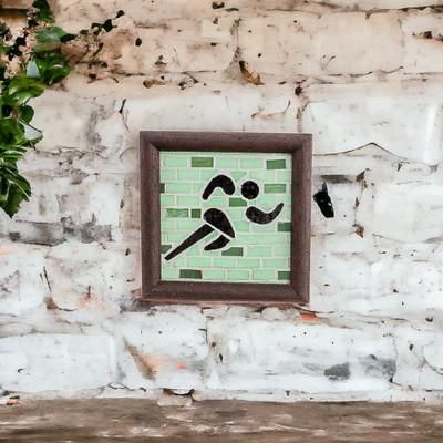 'Athlete-Themed Teak Wood and Glass Mosaic Wall Accent'