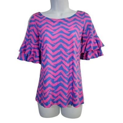 Lilly Pulitzer Tops | Lilly Pulitzer New Got Lucky Pink Blue Ruffle Mid Sleeve Top Size Xxs | Color: Blue/Pink | Size: Xxs