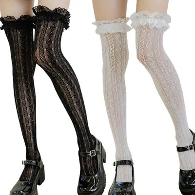 Lolita – chaussettes hautes en résille pour femmes, Style japonais, en dentelle rayée sur le genou, longues chaussettes à volants, Style Kawaii