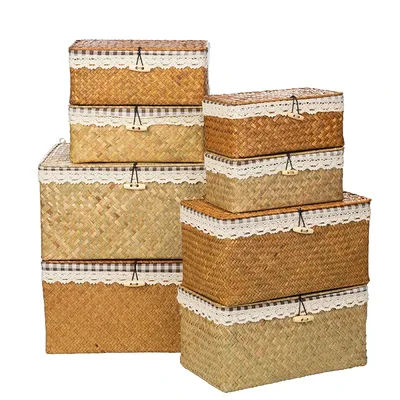 Cestino di vimini con coperchi Nautral Seagrass Storage Box cestino intrecciato contenitori rettangolari contenitore Rattan Storage Kitchen Organizer
