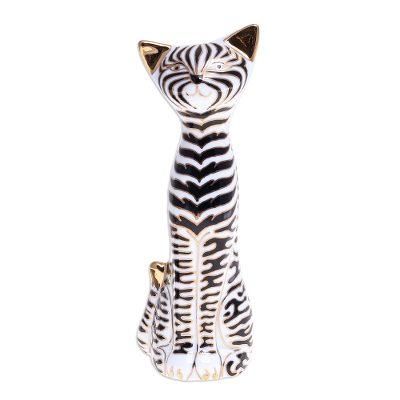 Zebra Cat,'Hand Painted Black and White Cat Statuette'