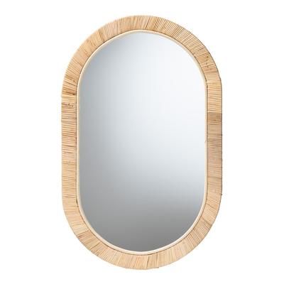 Bella Modern Bohemian Natural Brown Mahogany Wood and Natural Rattan Mirror by Bali & Pari in Oval