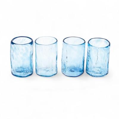 Azure Mist,'Set of 4 Mexican Clear Blue Blown Glass Mezcal Shot Glasses'