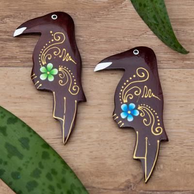 'Set of 2 Painted Floral Starling Bird-Shaped Wood Magnets'