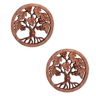 Berry Trees,'Tree-Themed Suar Wood Relief Panels (Pair) from Bali'