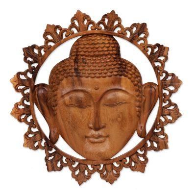 Buddha Face,'Hand Carved Buddha Face Wall Panel with Floral Engravings'
