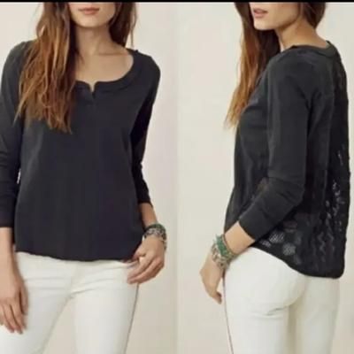 Free People Tops | Free People Women’s Gray Henley Long Sleeve Tee Patches Of Lace Crochet Back M | Color: Gray | Size: M