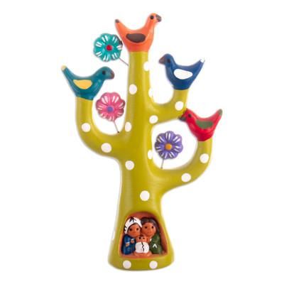 'Hand-Painted Tree-Shaped Floral Ceramic Sculpture in Green'