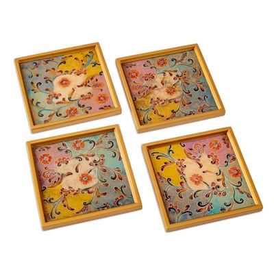 Margarita Joy,'Floral Colorful Reverse Painted Glass Coasters (Set of 4)'