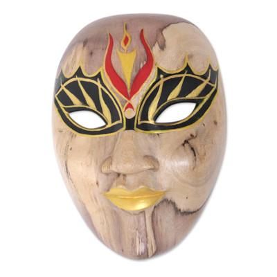 'Balinese Hibiscus Wood Mask with Hand-Painted Vibrant Motifs'
