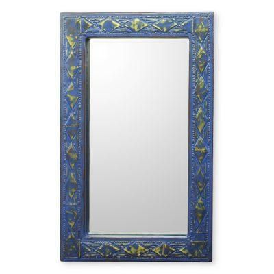Antique Blue,'Handcrafted Wall Mirror in Rustic Blue with Brass Inlay'