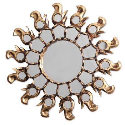 'Sun-Themed Bronze Gilded Wood Wall Mirror from Peru'