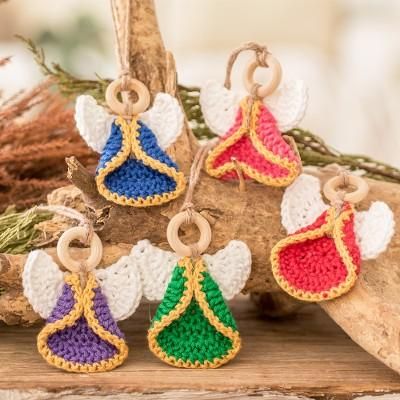 Great Hope,'Set of 5 Handmade Colorful Cotton and Wood Angel Ornaments'