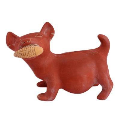'Colima Dog with Corn' - Ceramic Dog Sculpture Mexican Archaeology Replica