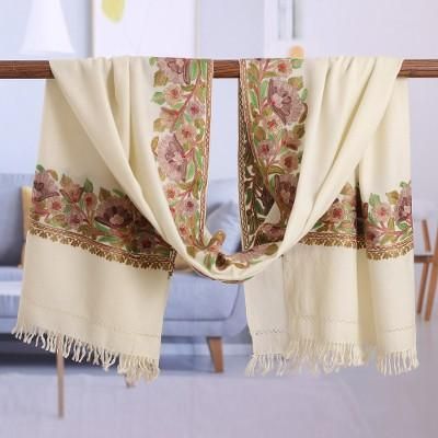Ivory Glory,'Rayon-Embroidered Woven Wool Shawl in Ivory Hues'