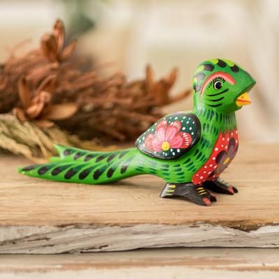 'Floral Hand-Carved Painted Green Pinewood Quetzal Figurine'
