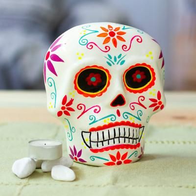 'Hand-Painted Floral Day of the Dead Skull Ceramic Wall Art'