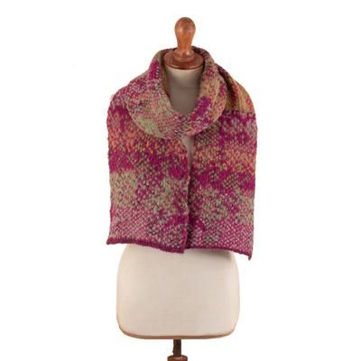 Burgundy Andean Mosaics,'Knit Alpaca Blend Scarf in Burgundy Pink Green & Yellow Hues'