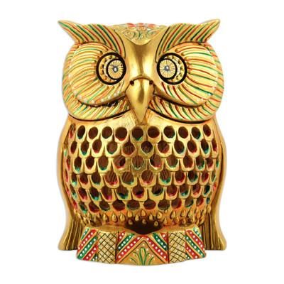 Majestic Sage,'Traditional Jali Kadam Wood Magnet of a Golden Owl'