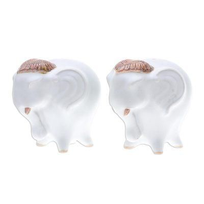 Calm Elephants in White,'Ceramic Elephant Salt and Pepper Shakers in White (Pair)'